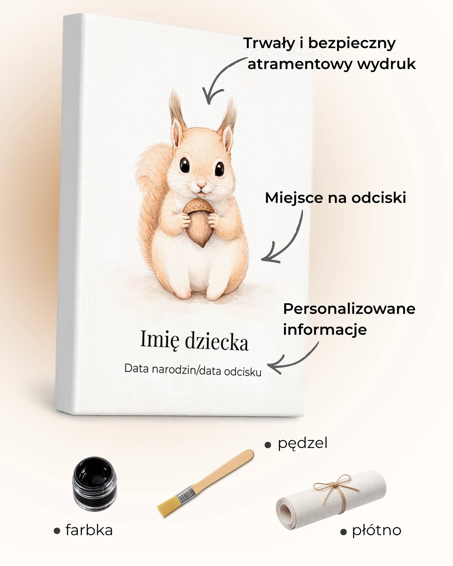 Personalizowany obraz z odciskiem dłoni i stópki dziecka wiewiórka